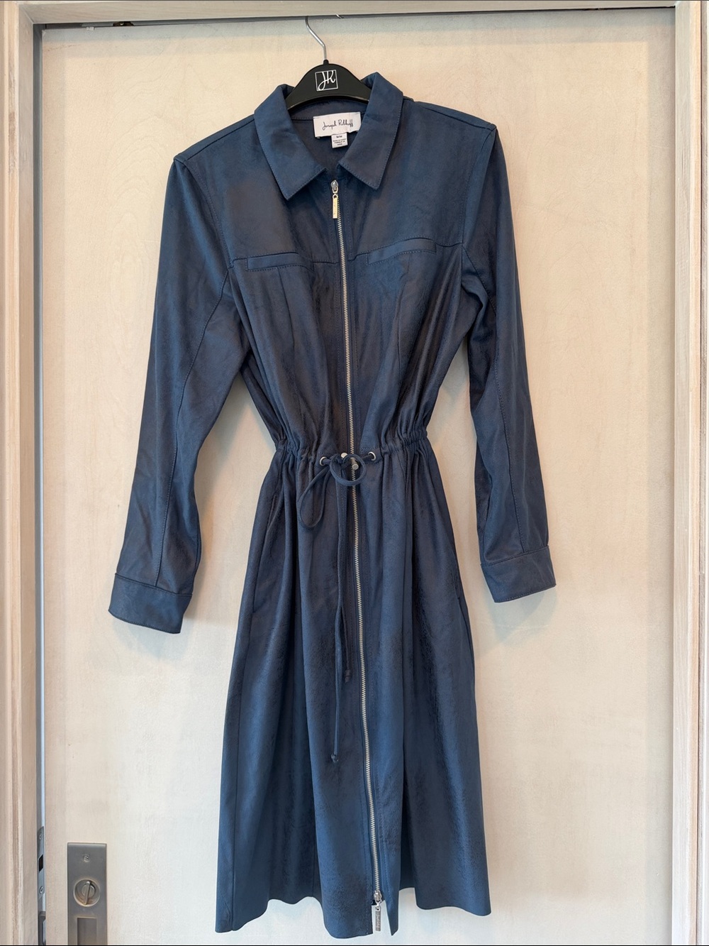 Joseph Ribkoff Dress.Navy Zip-Shirt Dress with Drawstring Waist Size Med.